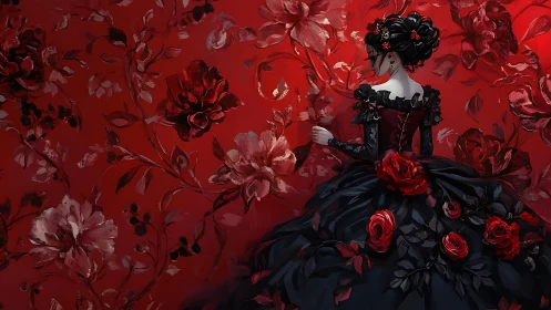 Gothic lady in black gown framed by crimson floral wall.
