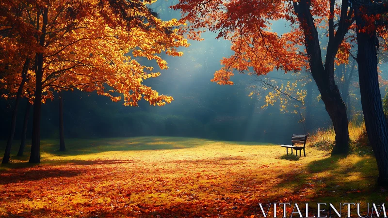 Sunlit autumn park clearing with empty wooden bench.