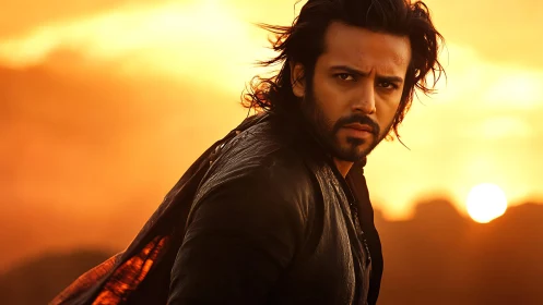 Cinematic portrait of intense man against blazing sunset sky