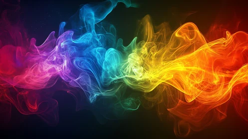 Colorful luminous smoke waves flow across dark background