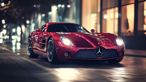 Red Mercedes supercar glows under sleek modern city lights.