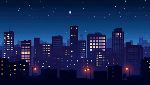 Calm blue night skyline glowing with cozy city lights.