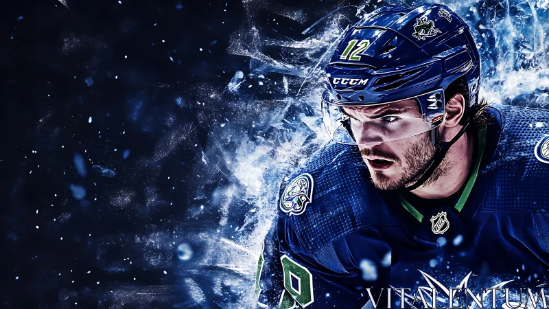 Intense ice hockey player in blue uniform against icy burst.
