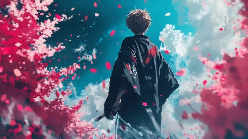 Cherry blossoms swirl as a lone swordsman walks toward destiny