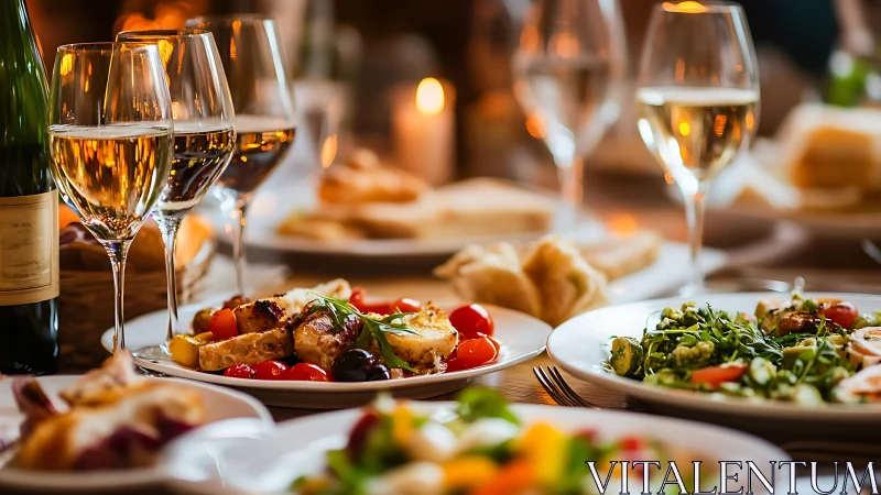 Elegant dinner table with wine glasses and plated dishes.
