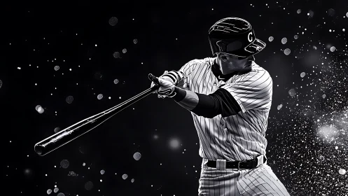 Monochrome photorealistic batter in dynamic swing composition.