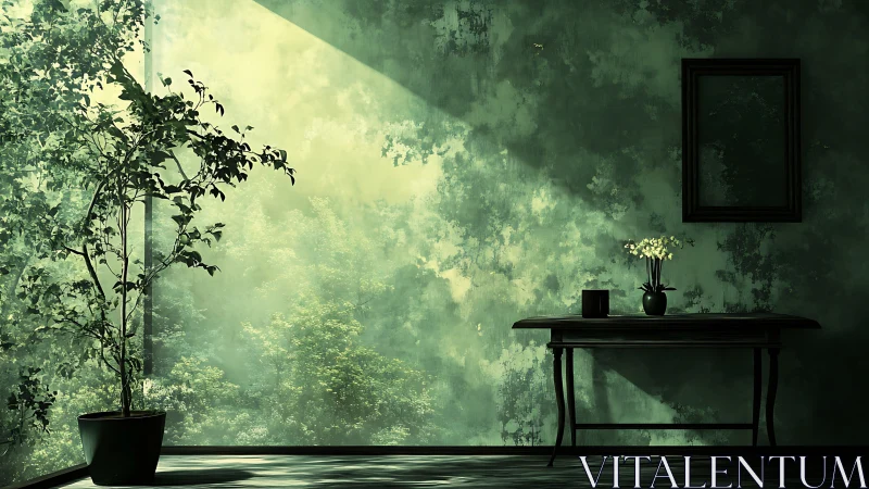 Quiet morning light in a moss-green room with tender plants.