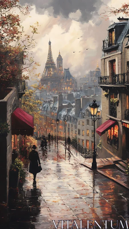Rain-soaked Parisian street with Eiffel Tower at moody dusk