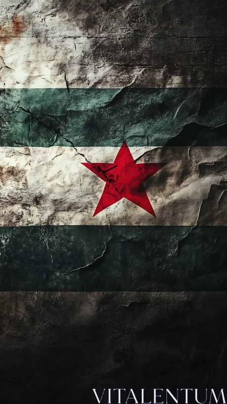 Weathered tricolor flag with central red star emblem.