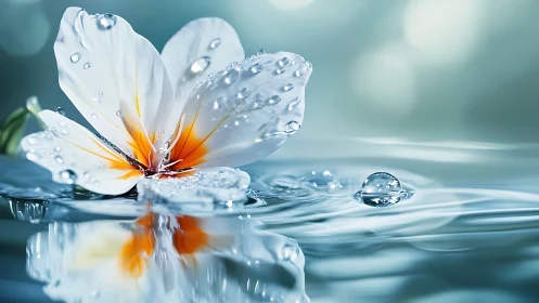 Macro water lily with refractive droplets on reflective surface.