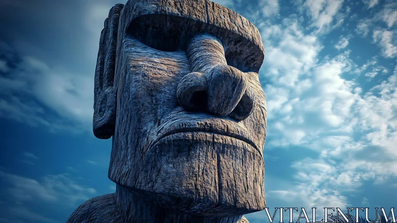 Moai stone head under blue sky in close perspective.