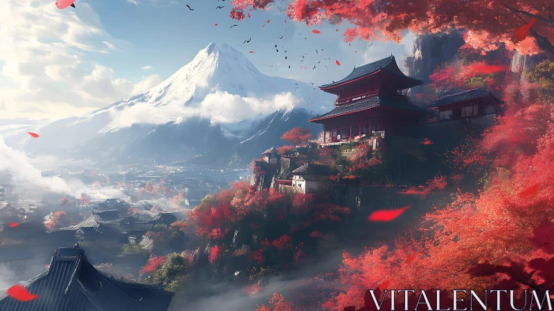 Crimson temple dreaming beneath a cloud-draped sacred peak.