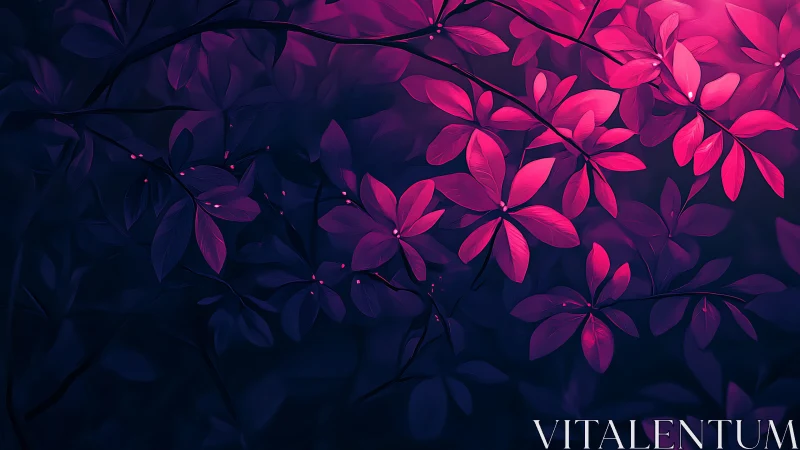 Pink illuminated foliage against dark gradient background.