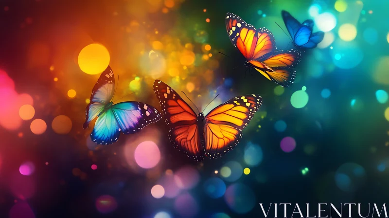 Multiple butterflies appear against a defocused multicolor background