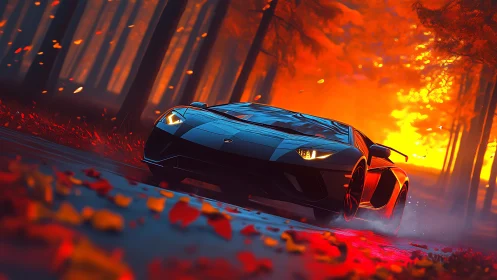 Sports car on forest road under strong sunset lighting.