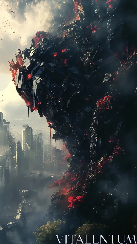 Colossal ember-lit mech colossus looming over ruined city.