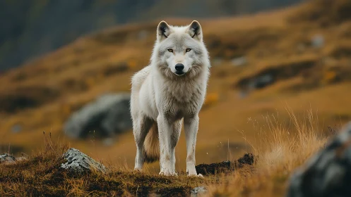 White wolf stands on grassy hillside in shallow depth of field