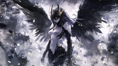 Dark winged cyber seraph in fractured monochrome stormscape.