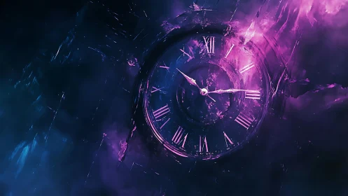 Chronometric vortex clock in luminous violet nebular field.