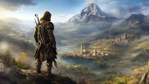 Hooded ranger surveys expansive medieval valley landscape