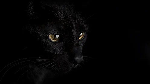 Black feline specimen photographed against dark background with golden iris coloration.