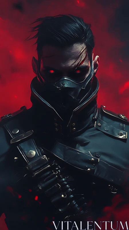 Cyberpunk enforcer portrait in red-void vertical framing.