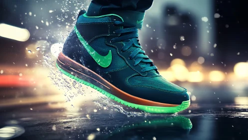 High-top athletic shoe impacts wet surface during night run