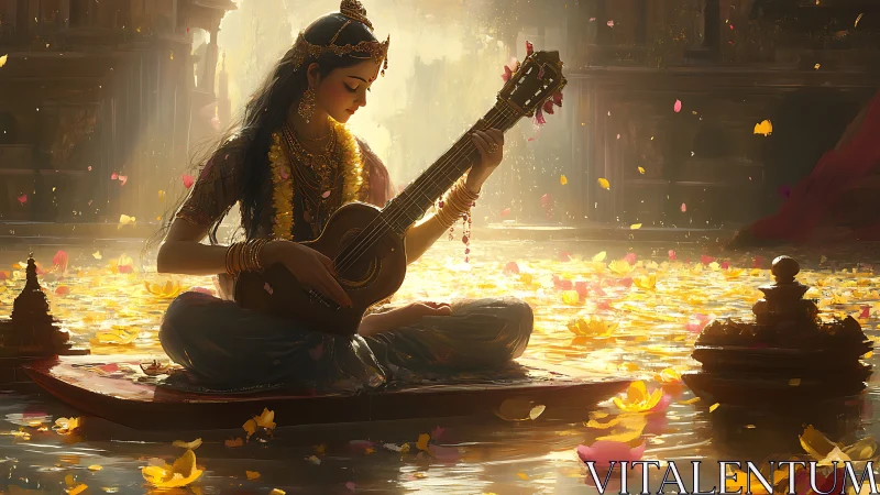 Gilded river muse strumming serenity on floating petals.
