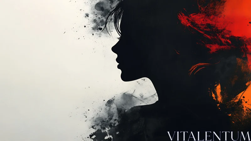 Silhouette girl carves calm from chaos of red and shadow