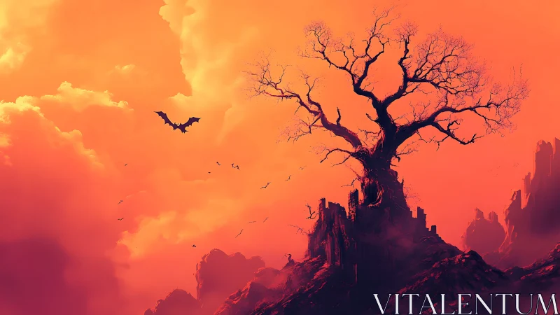 Twisted dead tree towering over crimson fantasy cliffs.