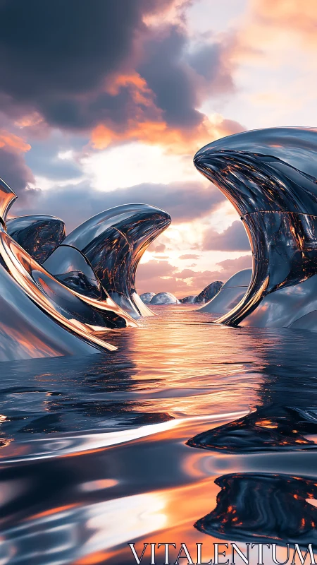 Chromed wave forms reflect a cinematic molten sunset sky