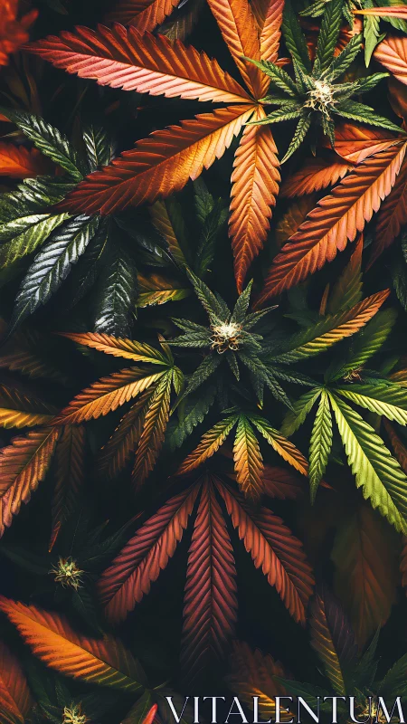 Autumn-toned cannabis leaves display radial venation under soft light