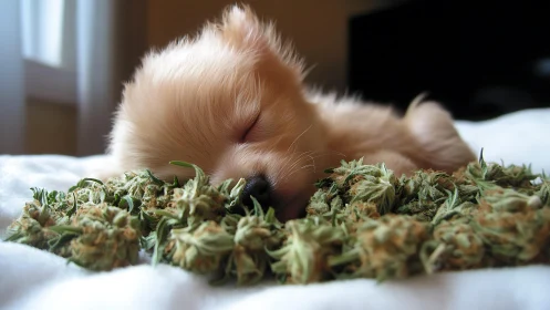 Small puppy sleeping on bed near dried cannabis buds.