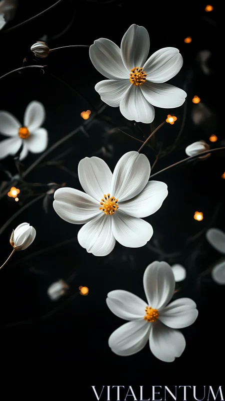 White Cosmos Flowers Against Dark Background.