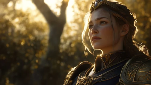 Fantasy warrior woman in ornate armor under warm sunlight.
