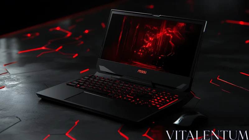 Gaming laptop glows with red cybernetic lighting on dark surface