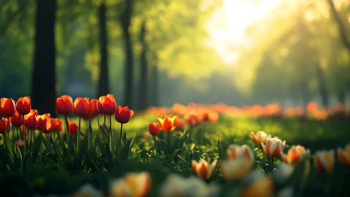 Red tulips in sunlit park with blurred tree-lined background