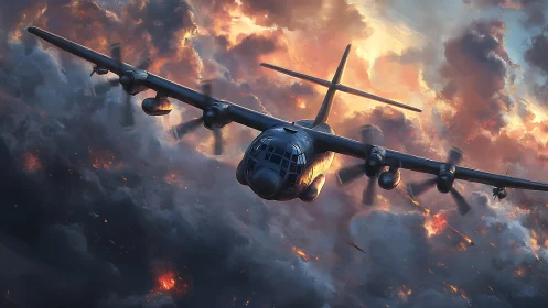 Turboprop gunship traversing incendiary cumulonimbus field.