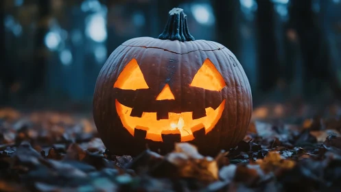 Glowing jack o lantern on forest floor at dusk.