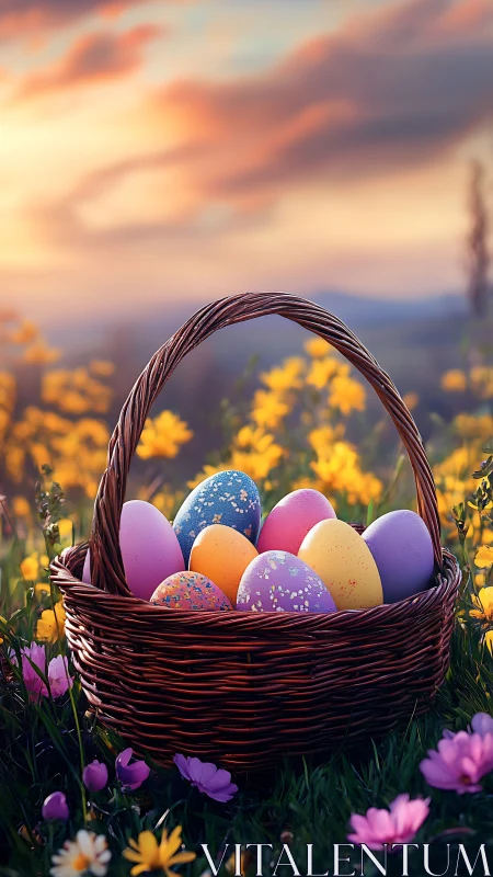 Wicker basket of speckled Easter eggs in sunset meadow lighting