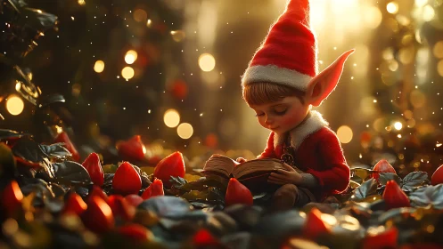 Christmas elf child reading storybook in glowing forest