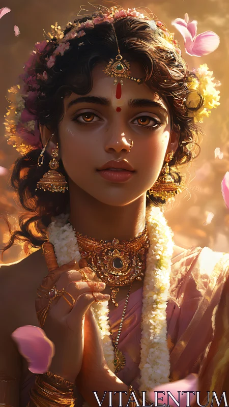 Ornately adorned woman in warm bokeh light with floral garland
