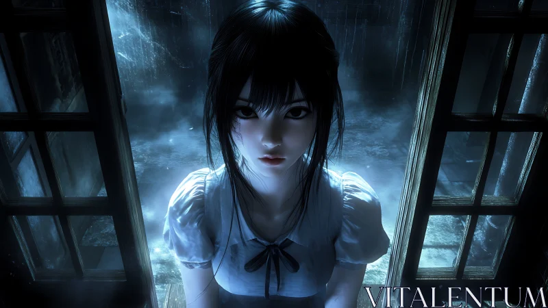 Nocturnal anime portrait renders damp corridor in blue light