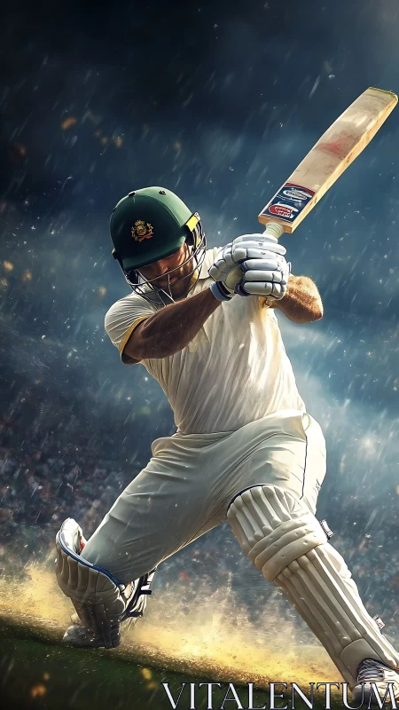 Storm-slashed cricket swing in a halo of flying stadium dust.