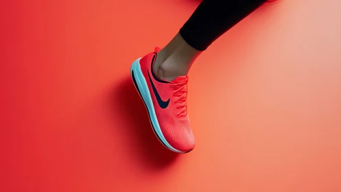 High-saturation neon running shoe isolated on uniform red ground
