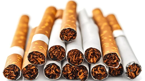 Close-up view of multiple filter cigarettes on white.