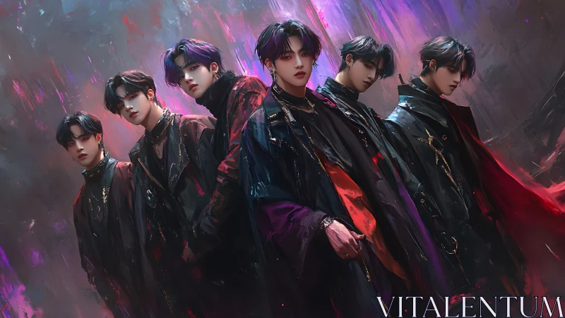 Moody fantasy boy band stands strong in swirling neon mist