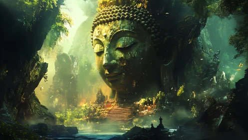 Forest gods exhale mist around a colossal serene Buddha
