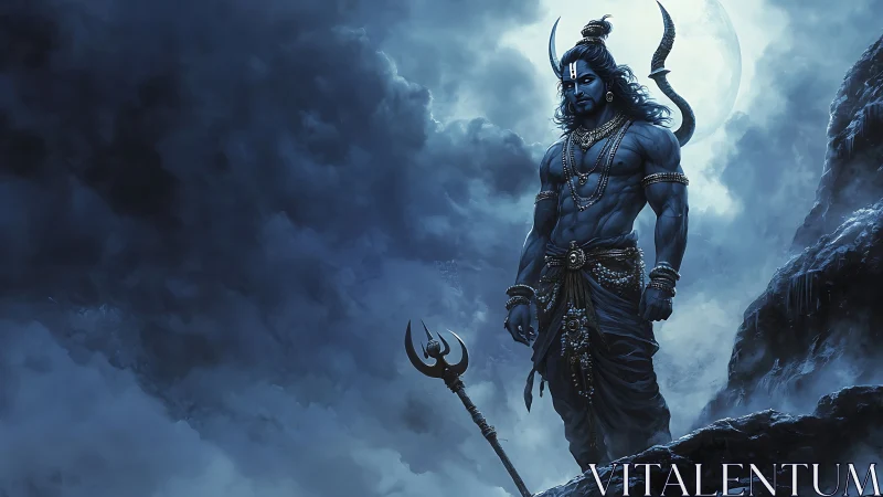 Mythic warrior deity in moonlit storm, digital painting construct.