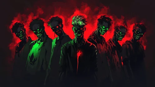 Row of glowing-eyed zombies in red and green light.